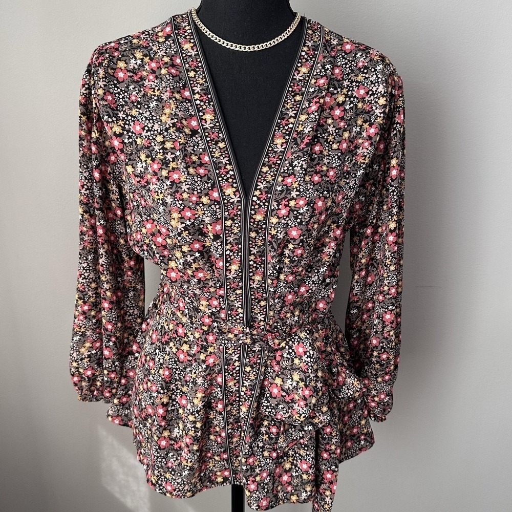 Max‎ Studio Women Small Y2K Tunic Top Black Ditsy Long Sleeve Boho Floral Fairy